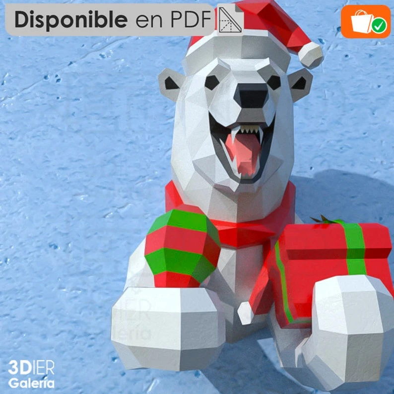 Polar Bear Birthday and Christmas PDF Papercraft Templates, Paper Art and Craft for Home Decor, DIY, 3DIER, PDF Patterns, Papercraft Templates, Low Poly