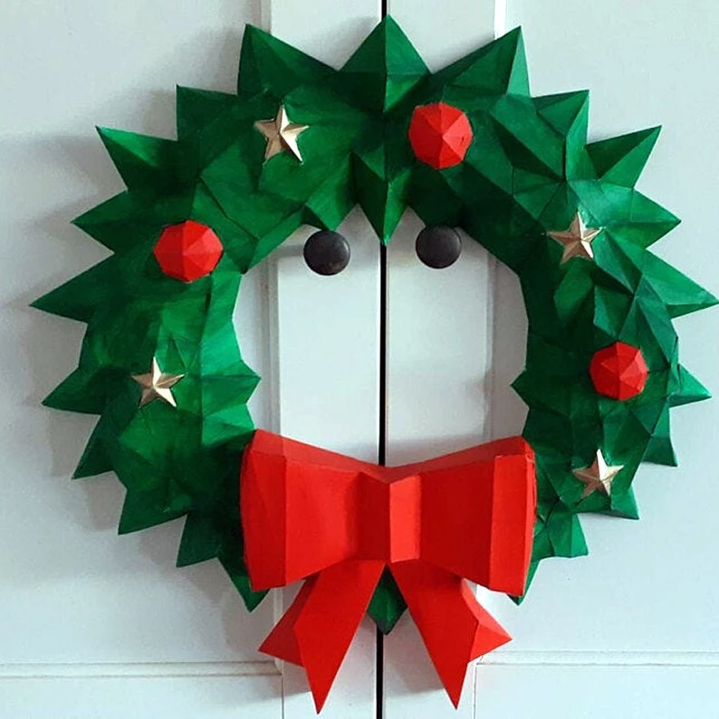 Christmas wreath papercraft sculpture, printable 3D puzzle, papercraft Pdf template to make your Christmas door decor