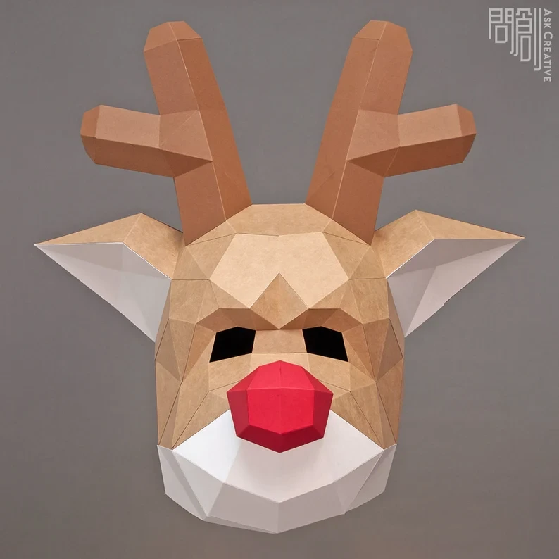 Rudolph mask, Papercraft, DIY, Low poly, Mask, PDF Papercraft ,Pattern mask , Deer , Rudolph