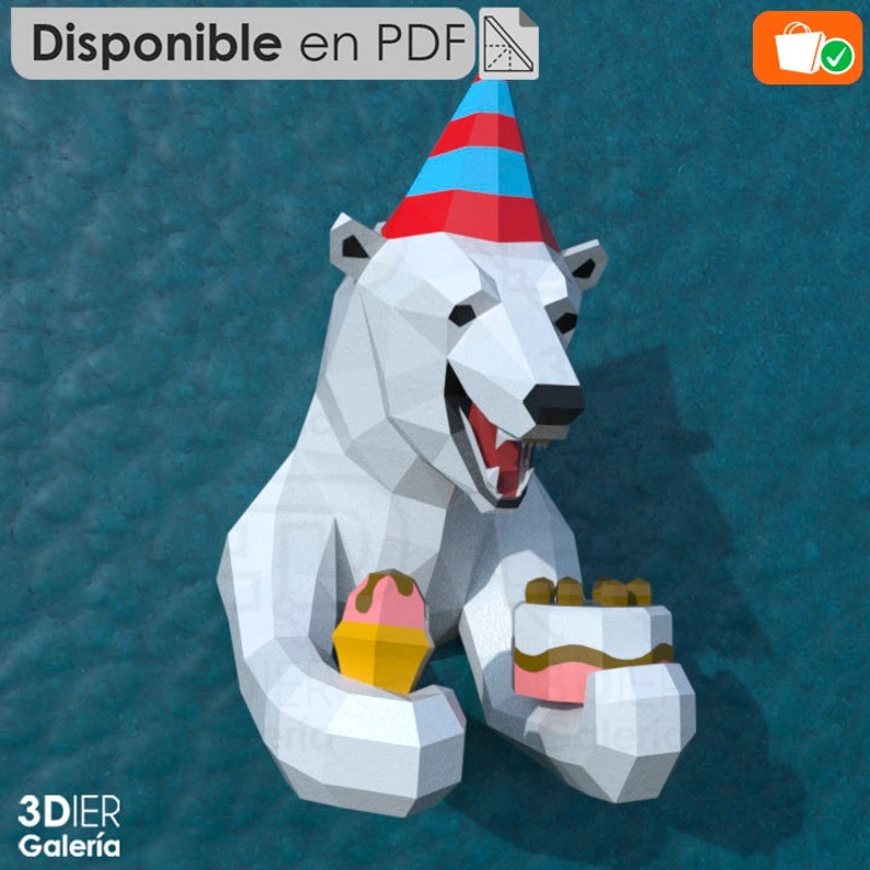 Polar Bear Birthday and Christmas PDF Papercraft Templates, Paper Art and Craft for Home Decor, DIY, 3DIER, PDF Patterns, Papercraft Templates, Low Poly