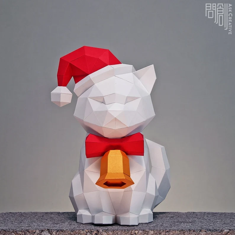 Xmas Santa Cat paper model ,Papercraft , DIY , Low poly , PDF Papercraft ,Cat Model , Cat low poly , Xmas cat