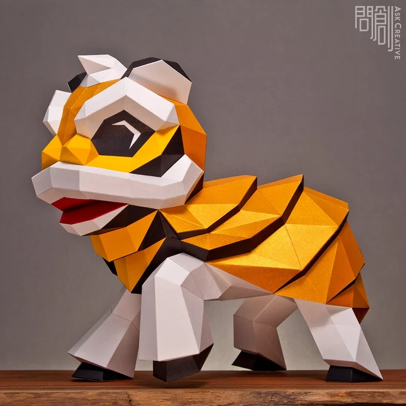 Gold Dance Lion,Papercraft , DIY , Low poly , PDF Papercraft , Dance Lion Model , Dance Lion low poly , China New year