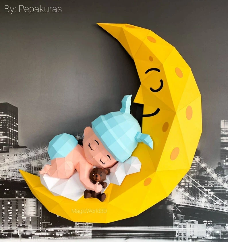 Baby Sleeping on the Moon Low Poly, Papercraft, PDF template, Paper model, Sculpture, 3D puzzle, Polygonal model, Lowpoly