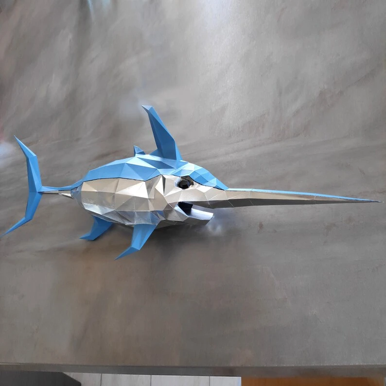 Swordfish papercraft sculpture, printable 3D puzzle, papercraft Pdf template to make your marine life decor