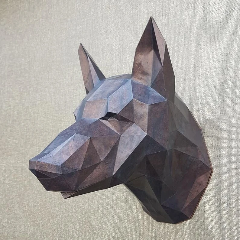 German Shepherd papercraft sculpture, printable 3D puzzle, papercraft Pdf template to make your Shepherd dog wall décor