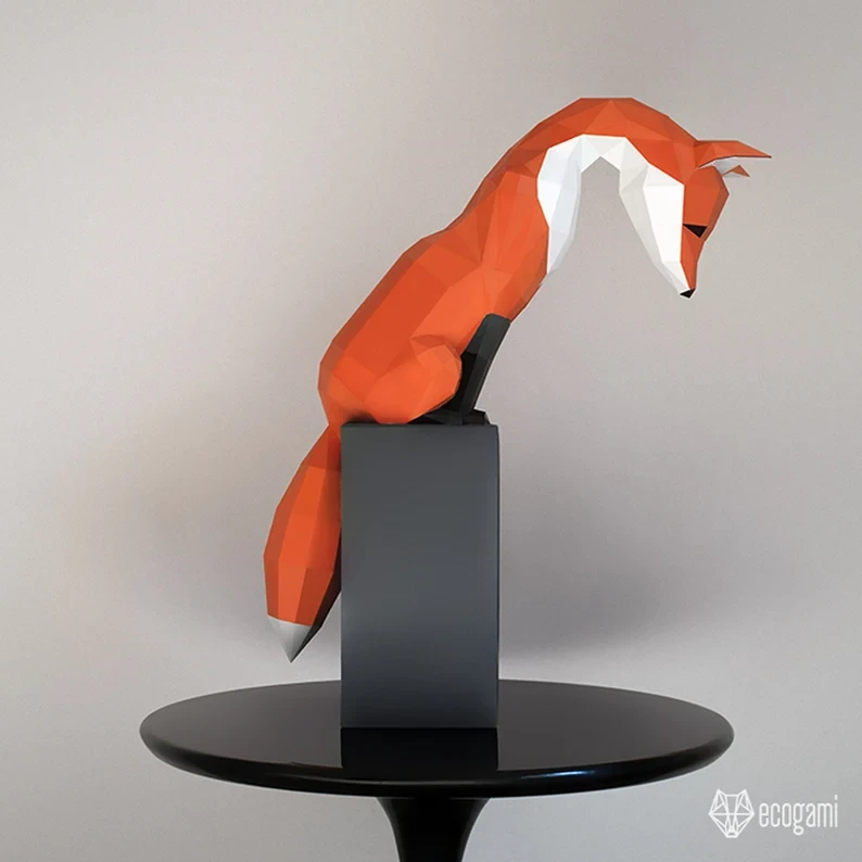 Hunting fox papercraft sculpture, printable 3D puzzle, papercraft Pdf template to make your fox decor