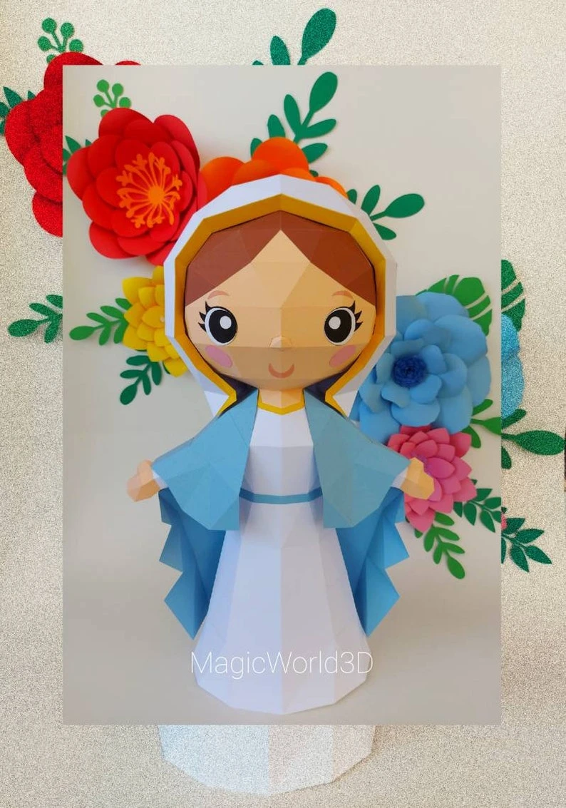 Cute Virgin Mary Low Poly, Papercraft, PDF template, Paper model, Sculpture, 3D puzzle, Polygonal model, Lowpoly