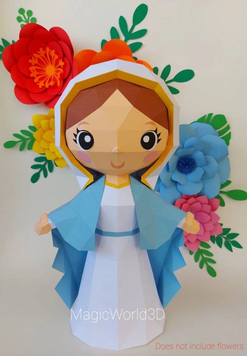 Cute Virgin Mary Low Poly, Papercraft, PDF template, Paper model, Sculpture, 3D puzzle, Polygonal model, Lowpoly