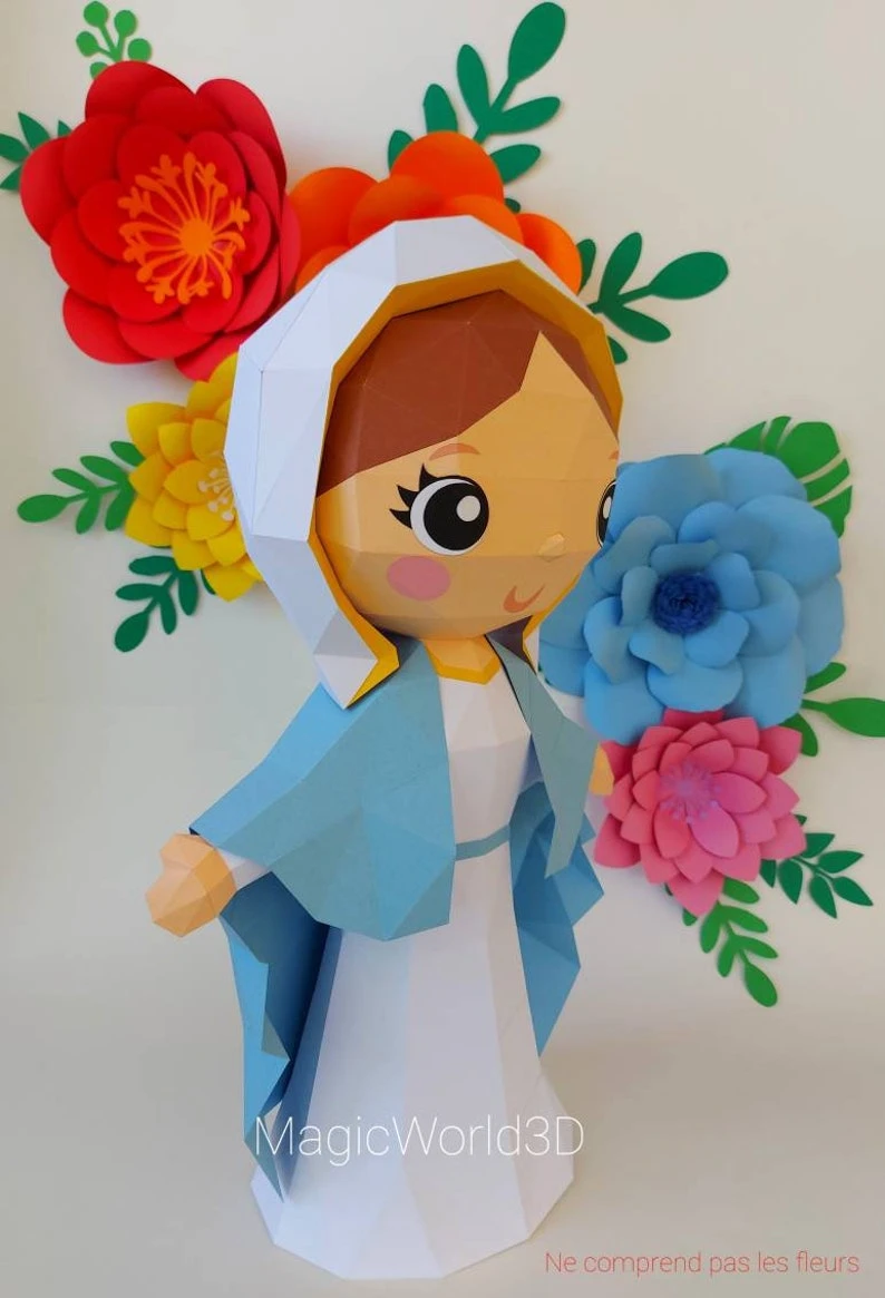 Cute Virgin Mary Low Poly, Papercraft, PDF template, Paper model, Sculpture, 3D puzzle, Polygonal model, Lowpoly