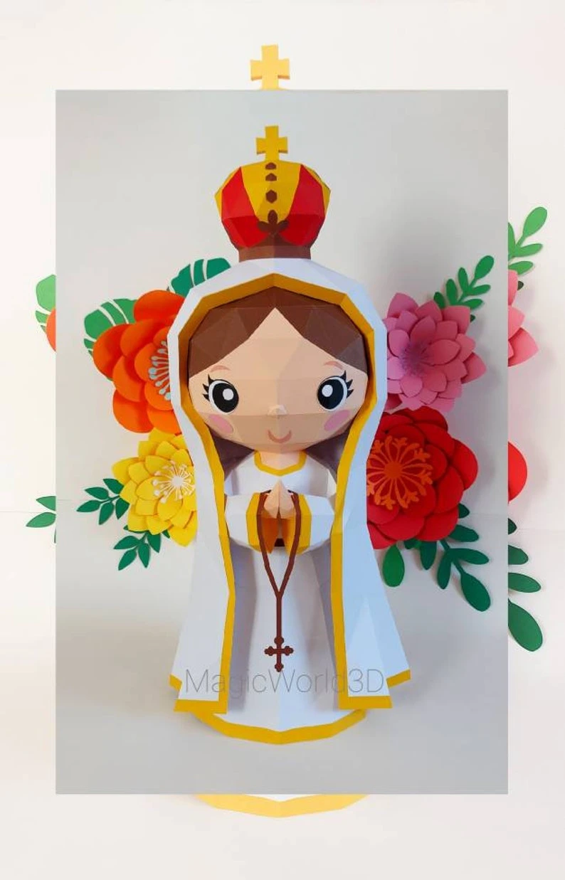 Cute Maria Fátima, Virgen de Fátima Low Poly, Papercraft, PDF template, Paper model, Sculpture, 3D puzzle, Polygonal model, Lowpoly