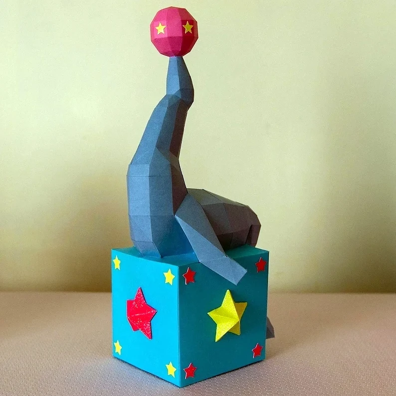 Sea lion papercraft sculpture, printable 3D puzzle, papercraft Pdf template to make your circus decor