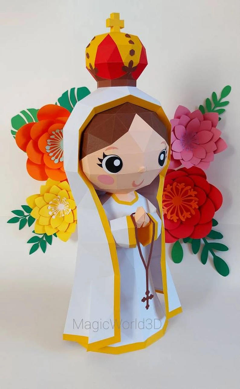 Cute Maria Fátima, Virgen de Fátima Low Poly, Papercraft, PDF template, Paper model, Sculpture, 3D puzzle, Polygonal model, Lowpoly