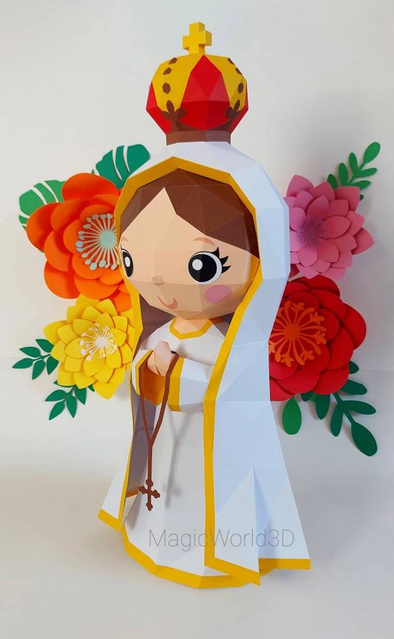 Cute Maria Fátima, Virgen de Fátima Low Poly, Papercraft, PDF template, Paper model, Sculpture, 3D puzzle, Polygonal model, Lowpoly