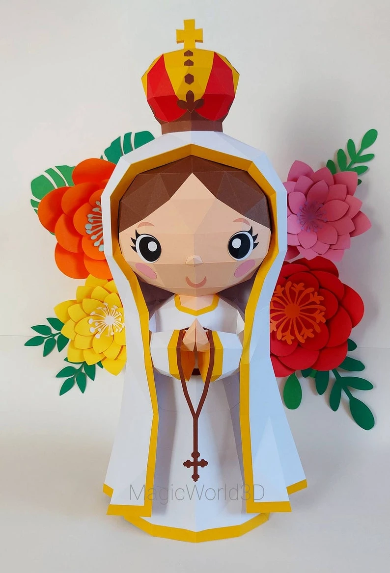 Cute Maria Fátima, Virgen de Fátima Low Poly, Papercraft, PDF template, Paper model, Sculpture, 3D puzzle, Polygonal model, Lowpoly