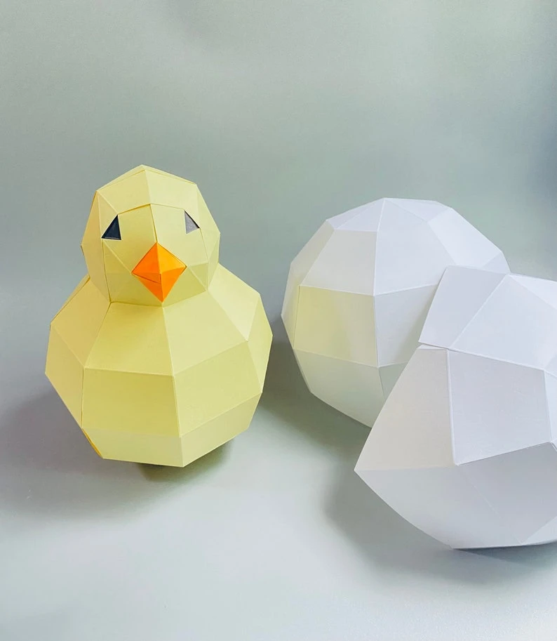 Chick 3d papercraft. You get a PDF digital file templates and instructions for DIY modern lowpoly paper sculpture.