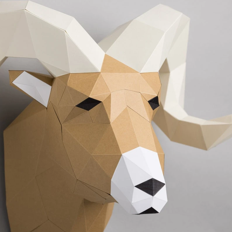 Ram head papercraft. You get a PDF digital file templates and instructions for this DIY (do it yourself) modern paper sculpture.