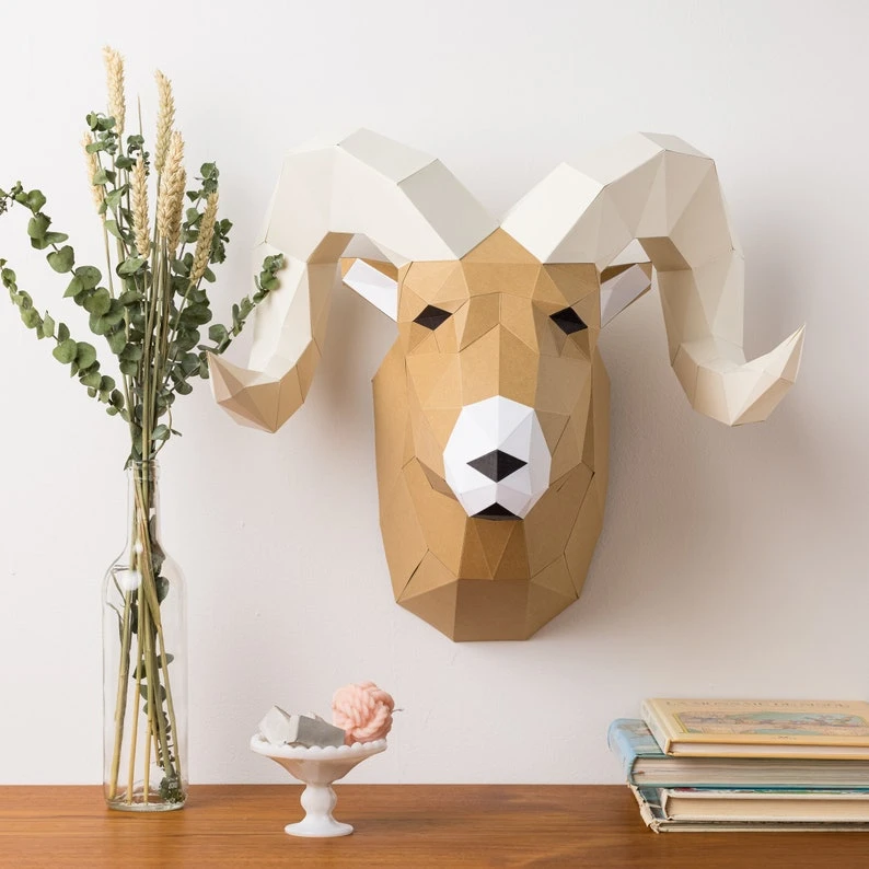 Ram head papercraft. You get a PDF digital file templates and instructions for this DIY (do it yourself) modern paper sculpture.