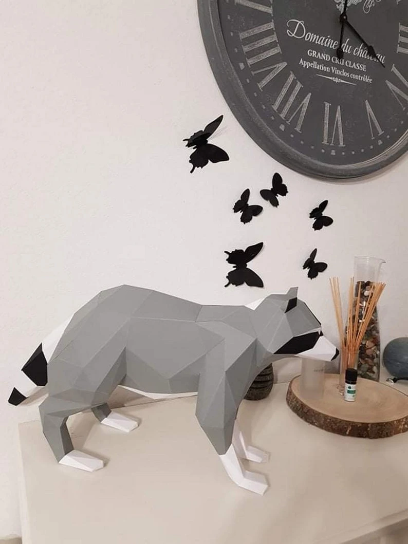 Raccoon on Rainy Day 3d papercraft. You get PDF digital file templates and instructions for these DIY lowpoly paper sculpture.