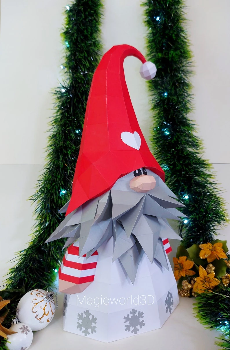 Gnome Christmas Low Poly, Papercraft, PDF template, Paper model, Sculpture, 3D puzzle, Polygonal model, Lowpoly