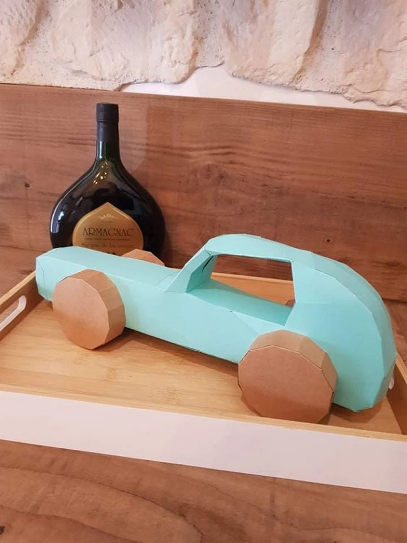 Fast Car 3D Papercraft. Bolide Wooden Toy series, Lowpoly Paper, get PDF digital files template and instructions, DIY sculpture.