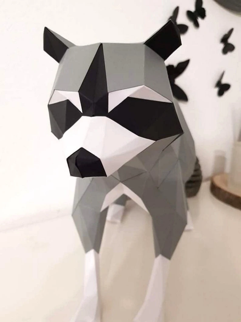 Raccoon on Rainy Day 3d papercraft. You get PDF digital file templates and instructions for these DIY lowpoly paper sculpture.