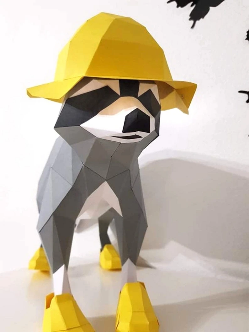 Raccoon on Rainy Day 3d papercraft. You get PDF digital file templates and instructions for these DIY lowpoly paper sculpture.