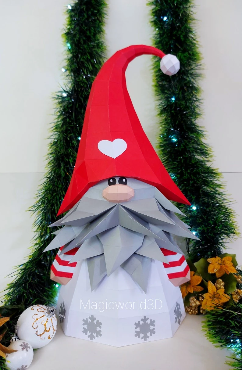 Gnome Christmas Low Poly, Papercraft, PDF template, Paper model, Sculpture, 3D puzzle, Polygonal model, Lowpoly