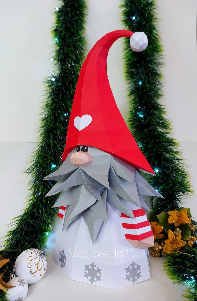 Gnome Christmas Low Poly, Papercraft, PDF template, Paper model, Sculpture, 3D puzzle, Polygonal model, Lowpoly