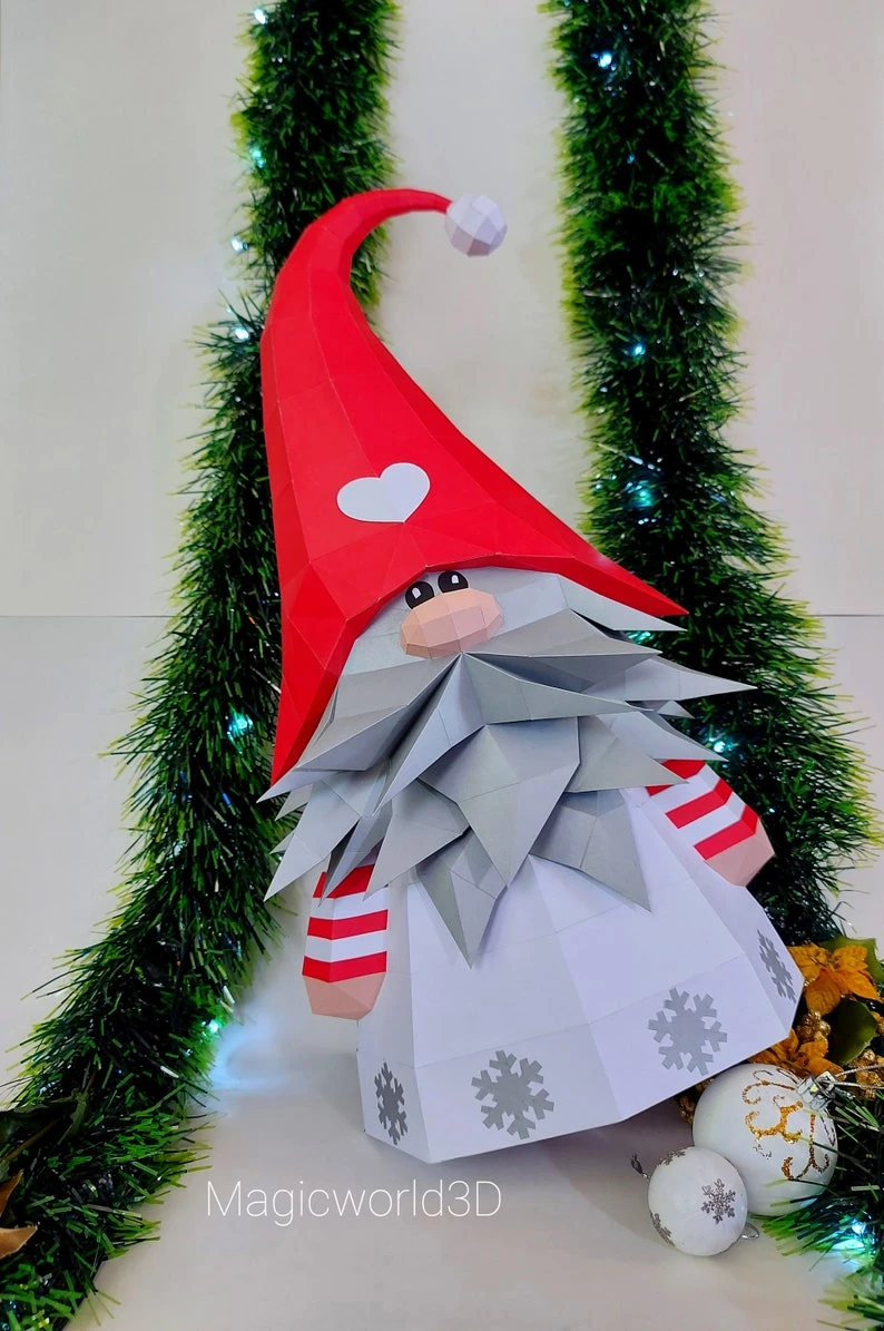 Gnome Christmas Low Poly, Papercraft, PDF template, Paper model, Sculpture, 3D puzzle, Polygonal model, Lowpoly