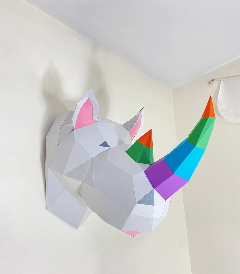 Rhino 3D Papercraft. Lowpoly Paper, get a PDF digital file template and instructions, DIY (do it yourself) modern paper sculpture.