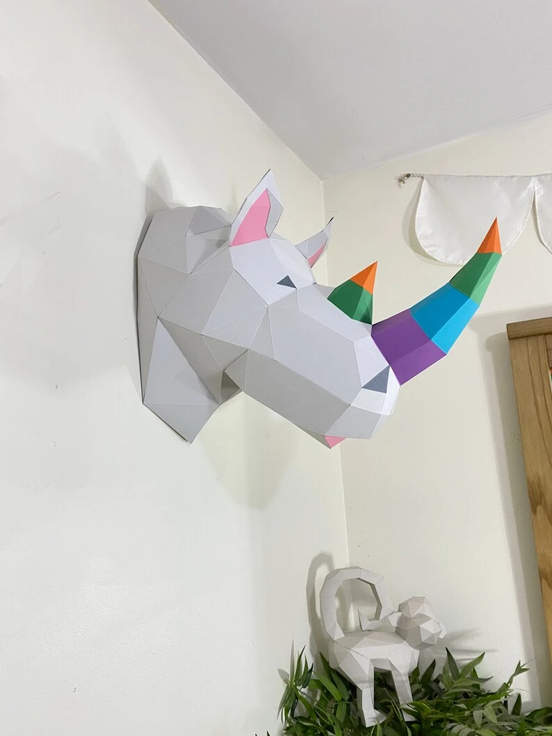 Rhino 3D Papercraft. Lowpoly Paper, get a PDF digital file template and instructions, DIY (do it yourself) modern paper sculpture.