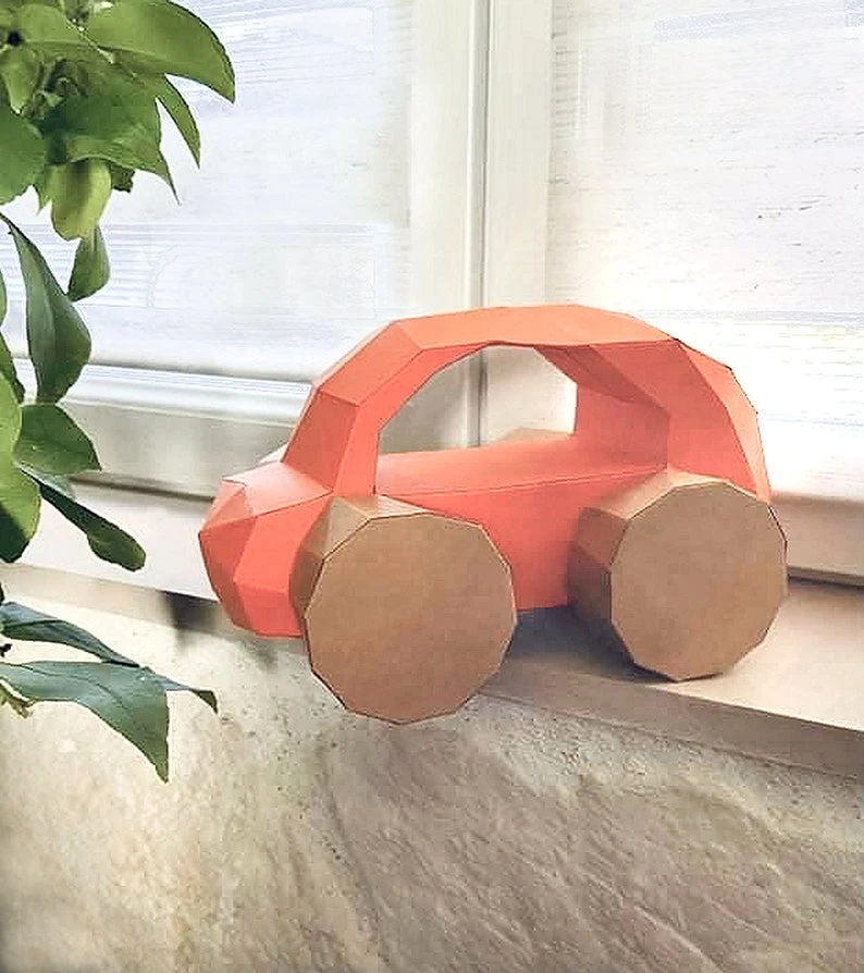 Small Car 3D Papercraft. Wooden Toy series, Lowpoly Paper, get PDF digital file template and instructions, DIY modern paper sculpture.