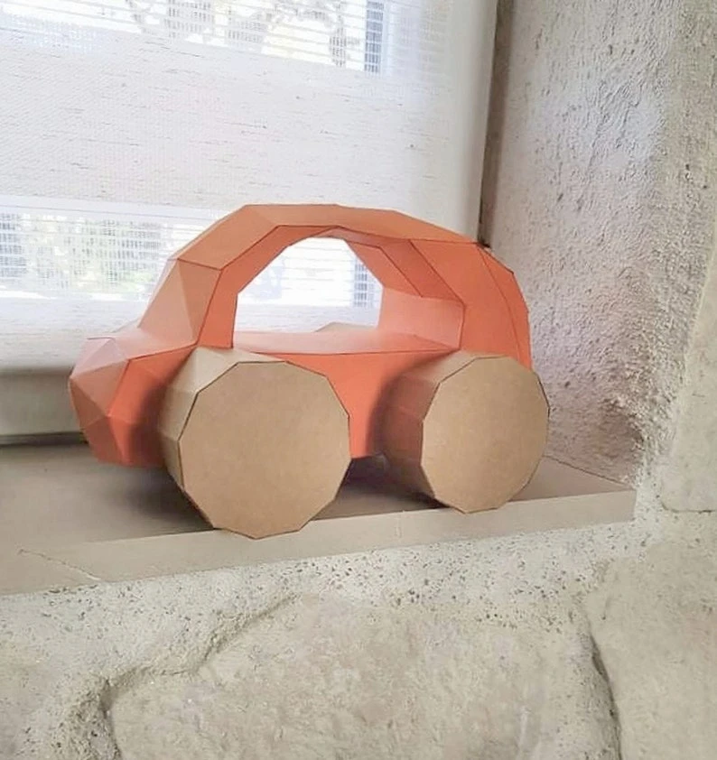 Small Car 3D Papercraft. Wooden Toy series, Lowpoly Paper, get PDF digital file template and instructions, DIY modern paper sculpture.