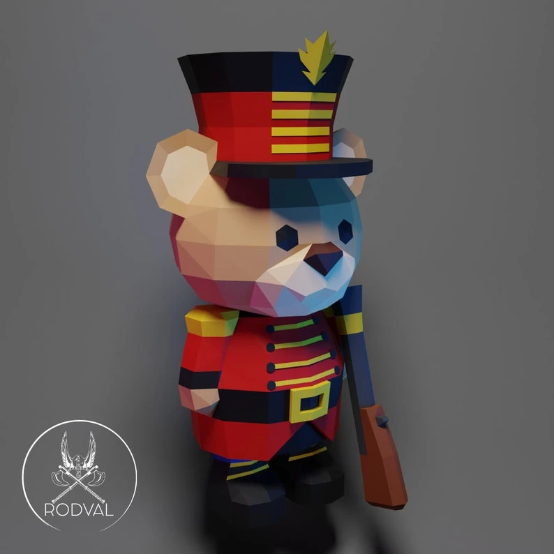 NUTCRACKER TEDDY, bear, Papercraft, Template, DIY, Paper, Low Poly, Holiday, 3D Model, Pdf Low Poply, december, merry, Xmas, Santa