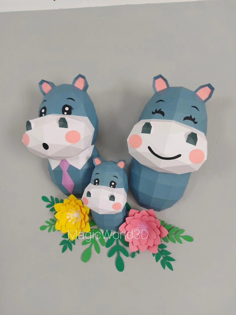 Hippo Family Low Poly, Papercraft, PDF template, Paper model, Sculpture, 3D puzzle, Polygonal model, Lowpoly