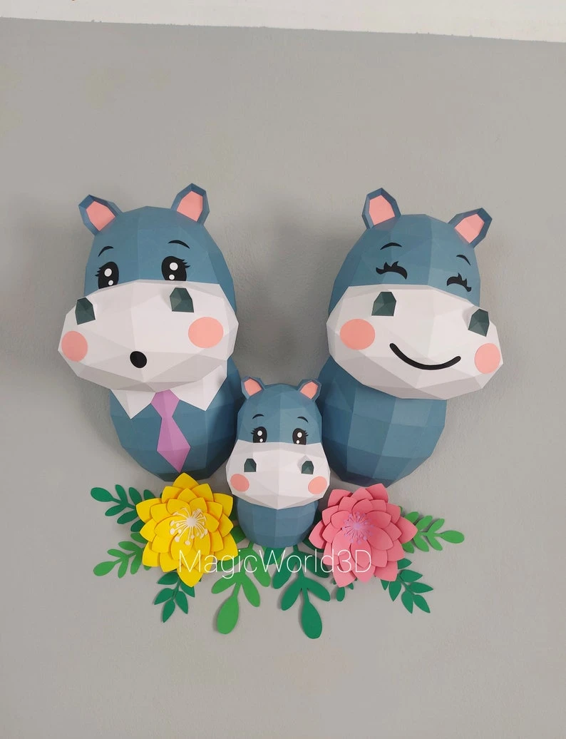 Hippo Family Low Poly, Papercraft, PDF template, Paper model, Sculpture, 3D puzzle, Polygonal model, Lowpoly