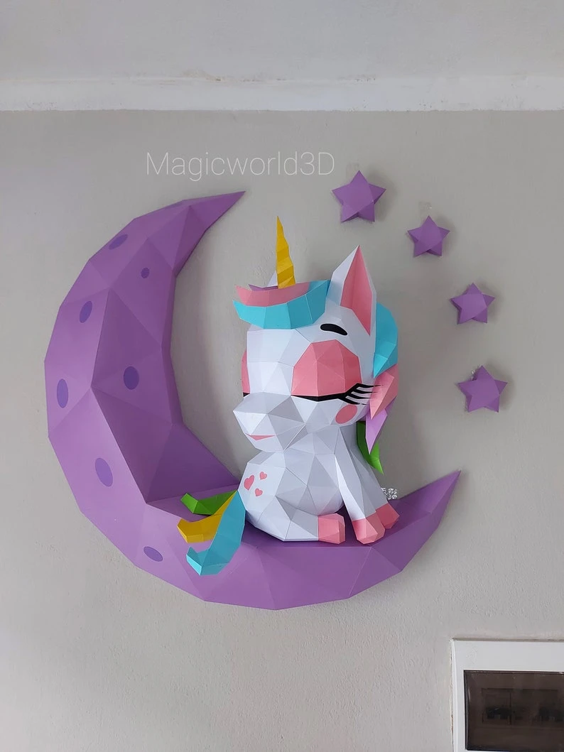 Baby Unicorn on The Moon Low Poly, Papercraft, PDF template, Paper model, Sculpture, 3D puzzle, Polygonal model, Lowpoly