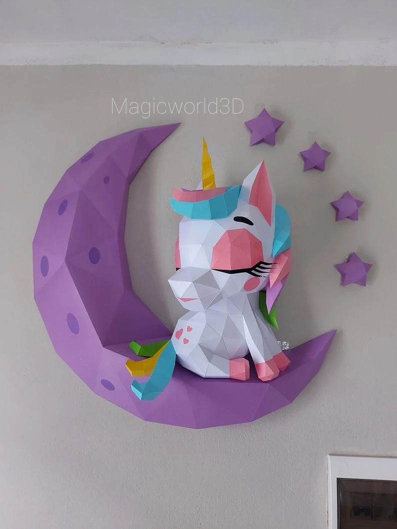 Baby Unicorn on The Moon Low Poly, Papercraft, PDF template, Paper model, Sculpture, 3D puzzle, Polygonal model, Lowpoly