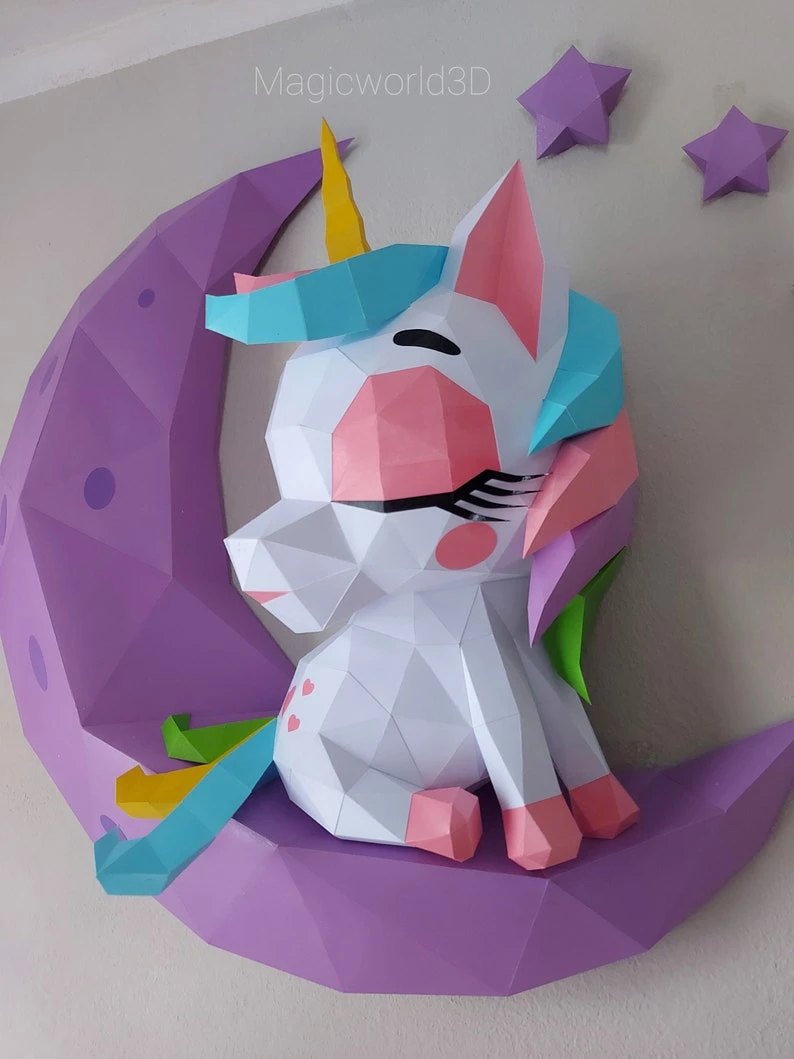 Baby Unicorn on The Moon Low Poly, Papercraft, PDF template, Paper model, Sculpture, 3D puzzle, Polygonal model, Lowpoly