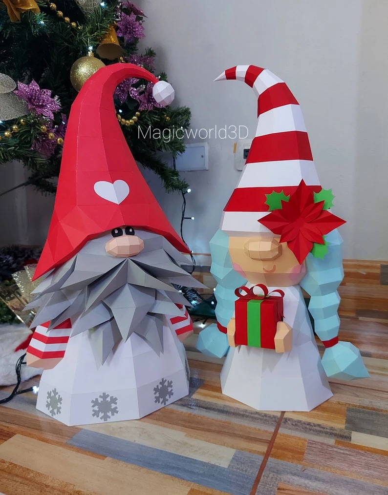 Gnome Christmas Low Poly, Papercraft, PDF template, Paper model, Sculpture, 3D puzzle, Polygonal model, Lowpoly