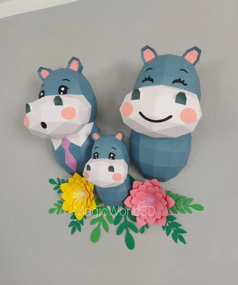 Hippo Family Low Poly, Papercraft, PDF template, Paper model, Sculpture, 3D puzzle, Polygonal model, Lowpoly