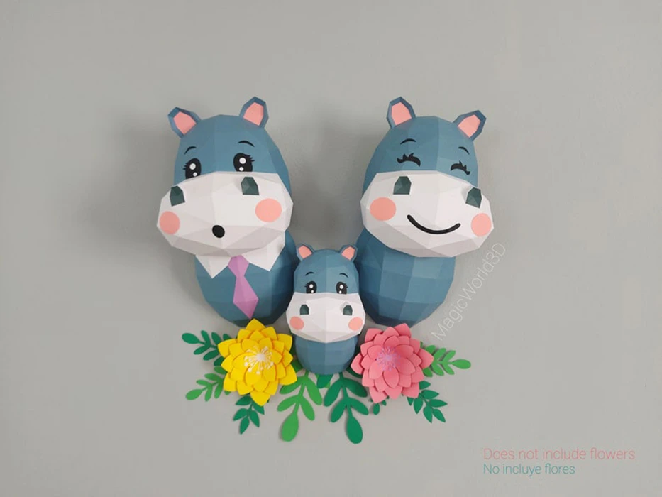 Hippo Family Low Poly, Papercraft, PDF template, Paper model, Sculpture, 3D puzzle, Polygonal model, Lowpoly