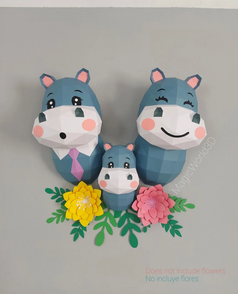 Hippo Family Low Poly, Papercraft, PDF template, Paper model, Sculpture, 3D puzzle, Polygonal model, Lowpoly