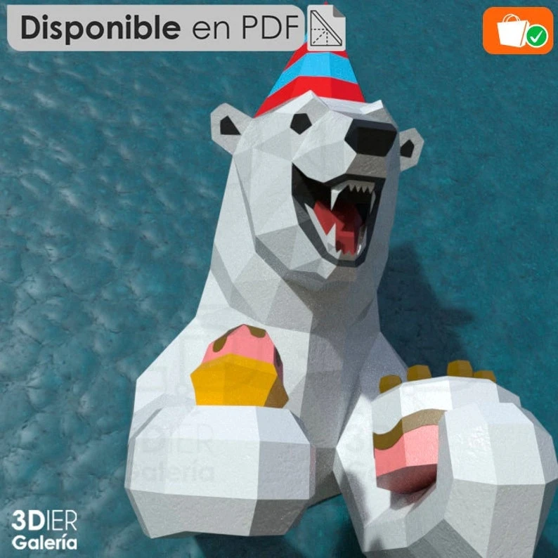 Polar Bear Birthday and Christmas PDF Papercraft Templates, Paper Art and Craft for Home Decor, DIY, 3DIER, PDF Patterns, Papercraft Templates, Low Poly