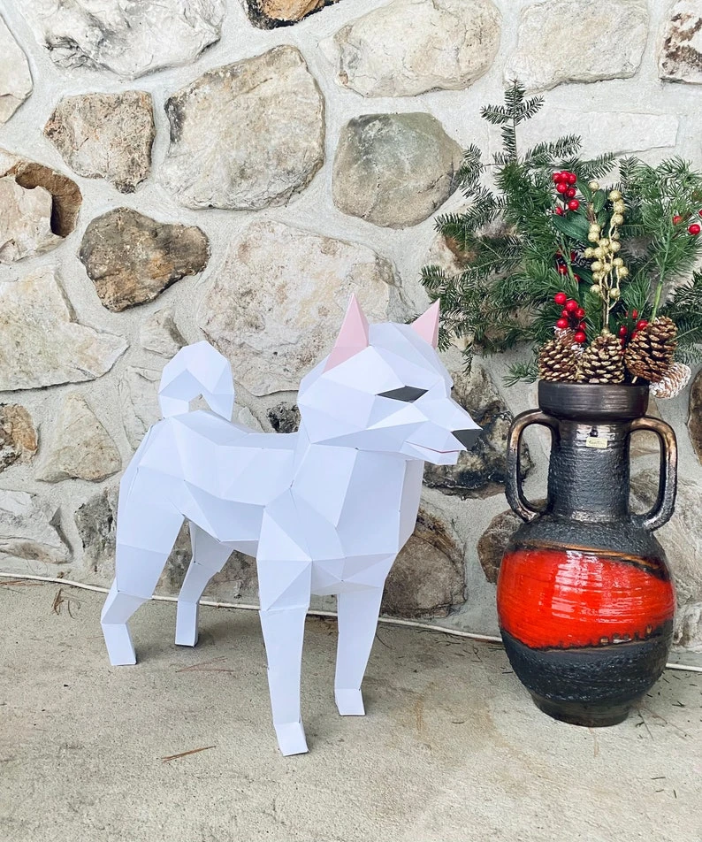 Shiba Akita Inu dog curly tail 3D Papercraft. Get PDF digital file template and instructions for this DIY Paper Dog modern Paper Sculpture