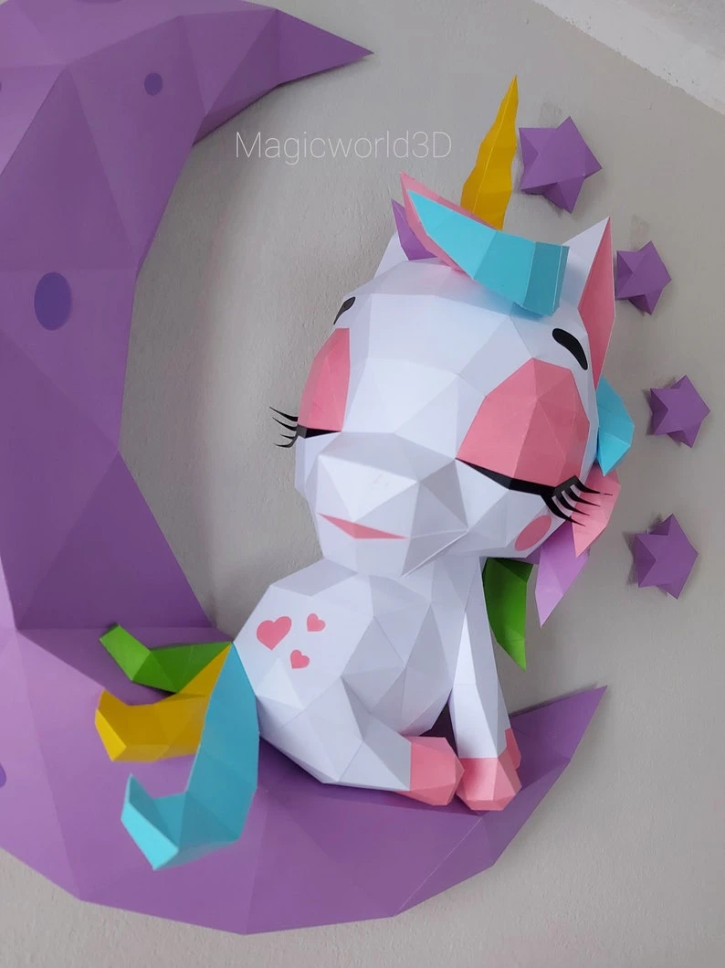 Baby Unicorn on The Moon Low Poly, Papercraft, PDF template, Paper model, Sculpture, 3D puzzle, Polygonal model, Lowpoly