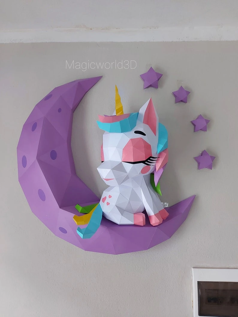 Baby Unicorn on The Moon Low Poly, Papercraft, PDF template, Paper model, Sculpture, 3D puzzle, Polygonal model, Lowpoly