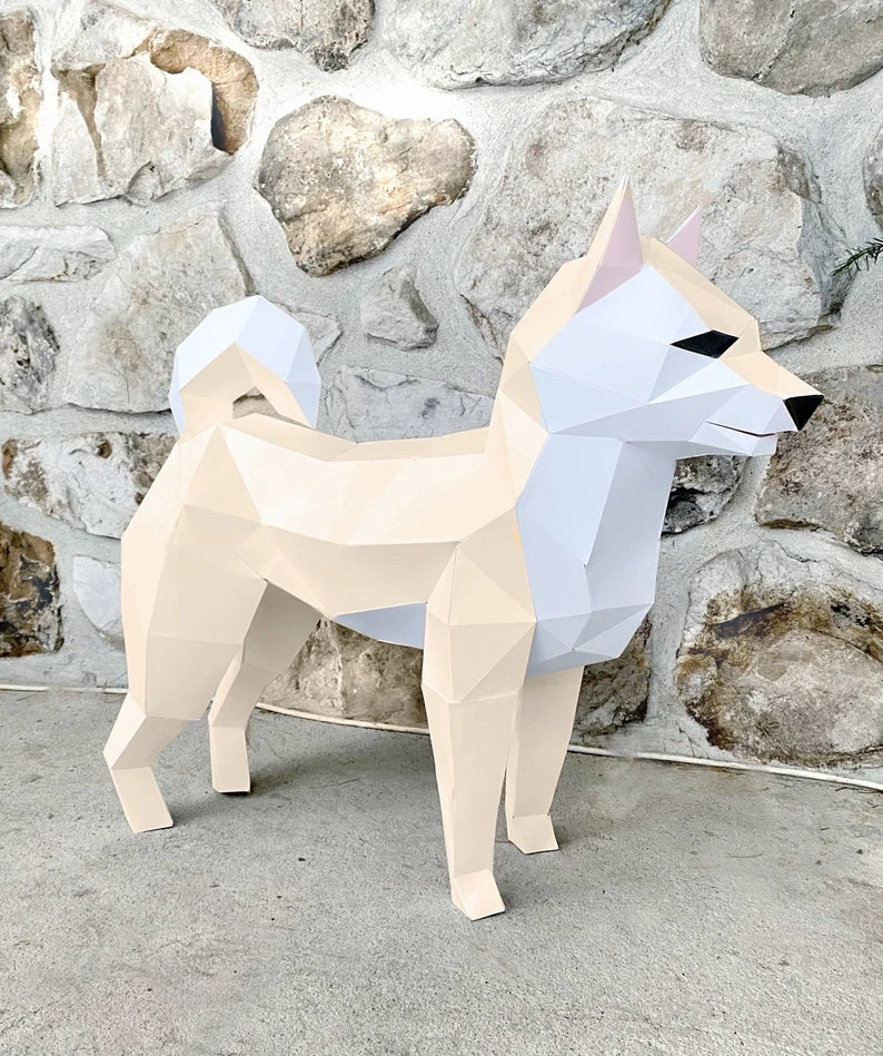 Shiba Akita Inu dog curly tail 3D Papercraft. Get PDF digital file template and instructions for this DIY Paper Dog modern Paper Sculpture