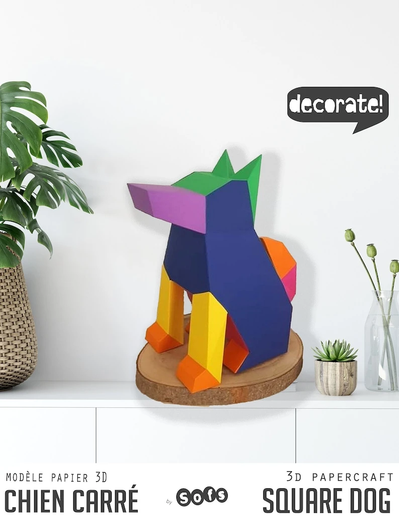 Dog Square Papercraft. Colorful Dog You get a PDF templates and instructions for this DIY modern lowpoly paper sculpture.