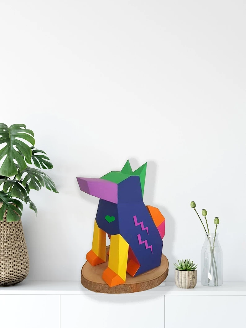 Dog Square Papercraft. Colorful Dog You get a PDF templates and instructions for this DIY modern lowpoly paper sculpture.